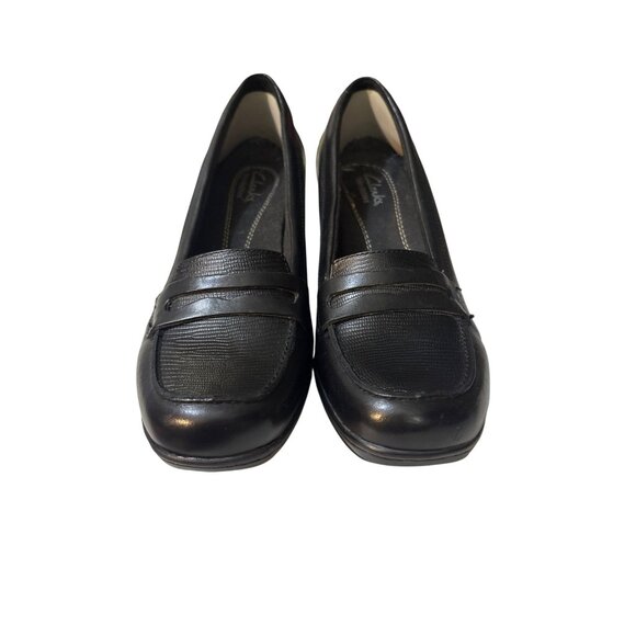 Clarks Black Textured Leather Heeled Loafers Women’s Size 9M - Picture 2 of 7